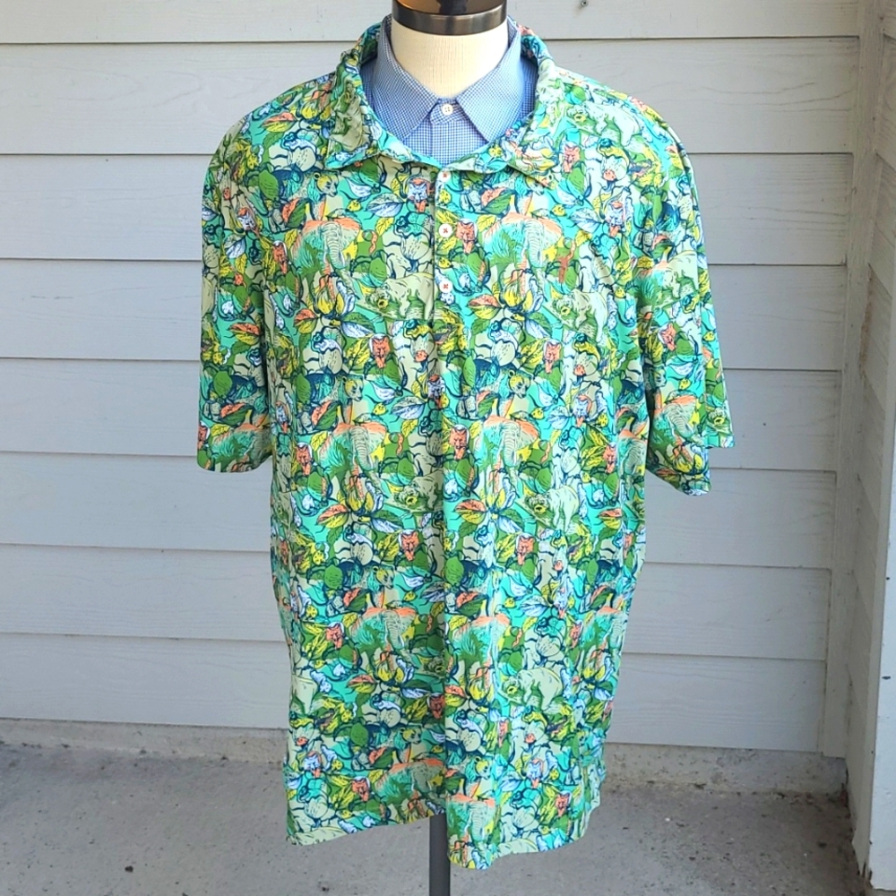 WILLIAM MURRAY‎ Green Jungle Animals Polyester Blend Sz XXL Mens Golf Polo Shirt